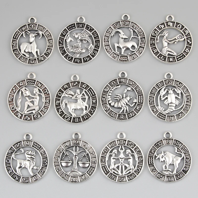 Silver/Gold Color 24x21mm Twelve Constellations Charms Zodiac Pendant For DIY Handmade Metal Astrology Jewelry Making Accessorie