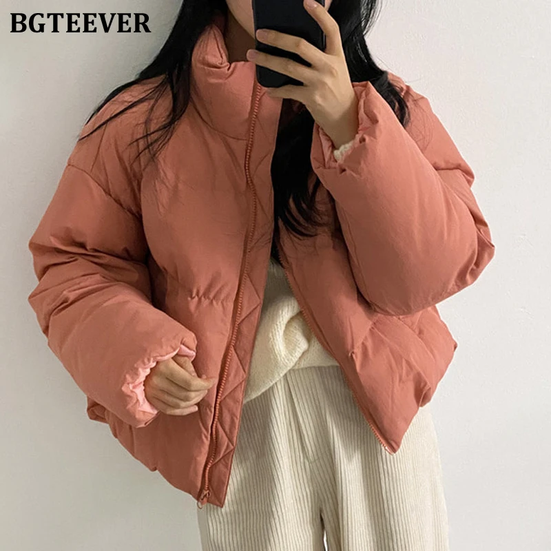 BGTEEVER Chic Winter Turtleneck Thicken Warm Women Down Jacket Full Sleeve Zippers Loose Casual Cotton Padded Female Parkas 2021