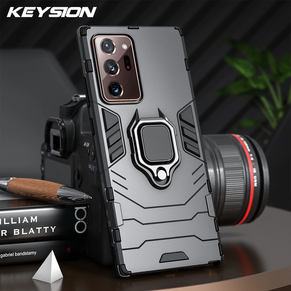 KEYSION Shockproof Armor Case for Samsung Note 20 20 Ultra Ring Stand Bumper Silicone Phone Back Cover for Galaxy Note 20 Ultra