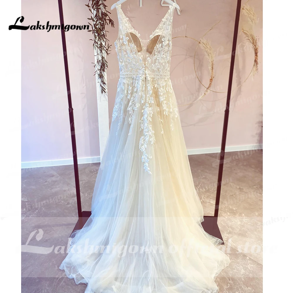 Lakshmigown vestido de casamento com decote em v, apliques de renda, personalizado, boêmio, jardim, linha, tule, costas nuas, boho, praia, vestidos de noiva