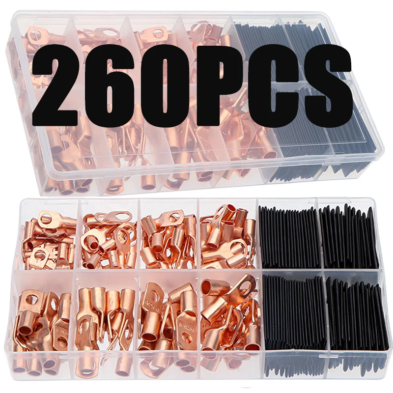 

260PCS Boxed Car Auto Copper Bare Ring Terminals lug Tinned Copper Tube Lug Seal Battery Terminals Soldered Connectors Kits