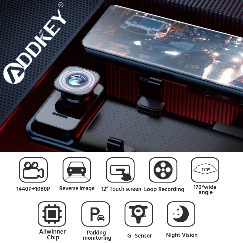 ADDKEY 2.5K Car Dash Camera Mirror 12 Inch Touch Driving Recorder Night Vision Dashcam DVRs Rearview Mirror 1080P Rear Camera