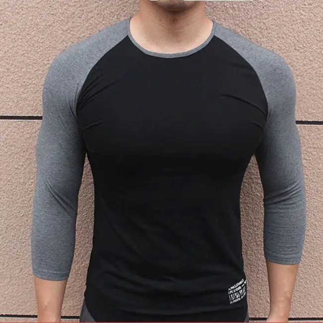 Men\'s T-shirt Long Sleeve 3/4 Sleeve Three Quarter Patchwork Shirt Cotton Bodybuilding Tshirt Workout Fitness Men Clothing