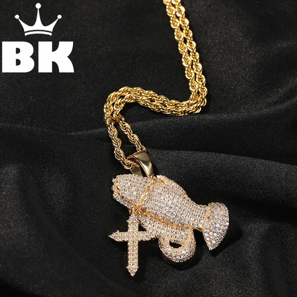 

THE BLING KING New Prayer Hands Pendant Necklace Color Psychedelic HipHop Full Iced Out Cubic Zirconia CZ Stone