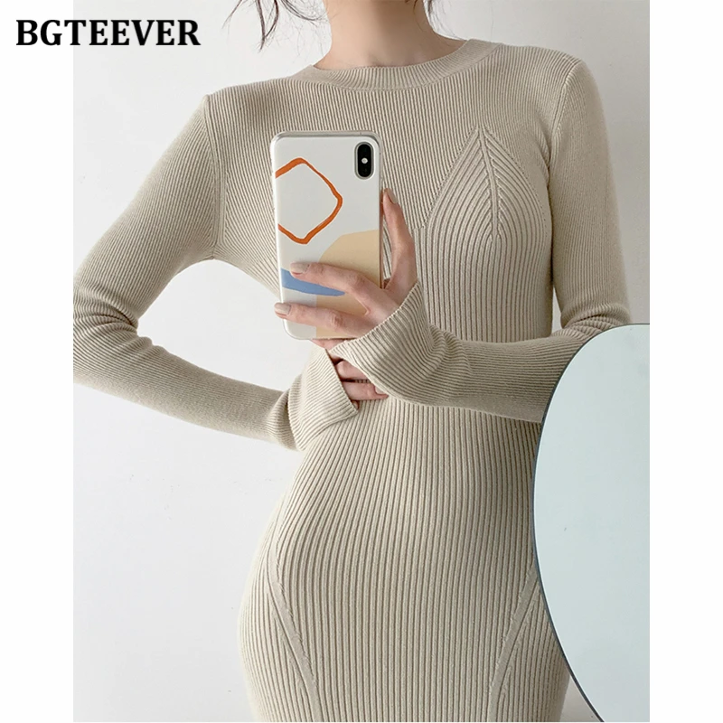 BGTEEVER O-neck Slim Sweaters Bodycon Dress for Women 2021 Autumn Winter Knitted Vestidos Femme Full Sleeve Midi Female Dress