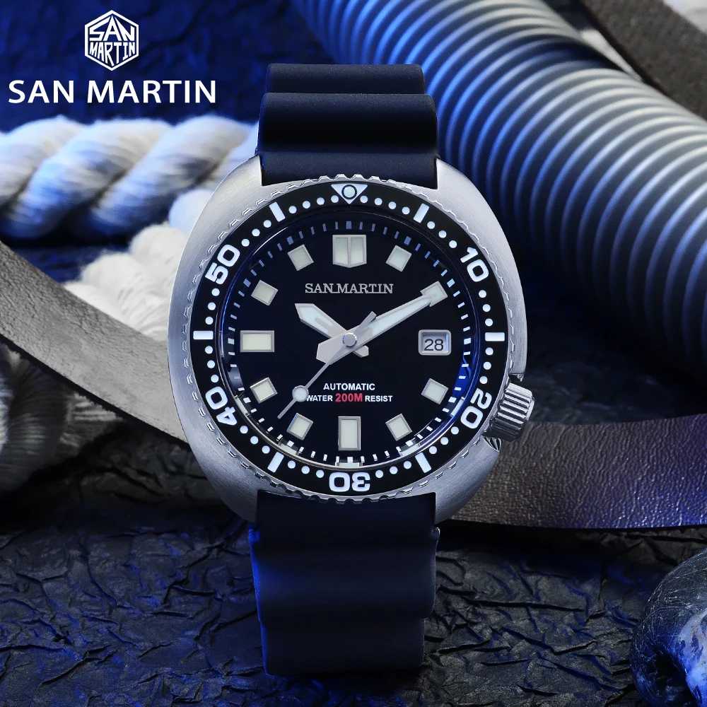 San Martin Diver Watch 6309 Turtle 20Bar Stainless Steel Men Automatic Mechanical Sapphire Rubber Strap BGW9 Luminous SN0057