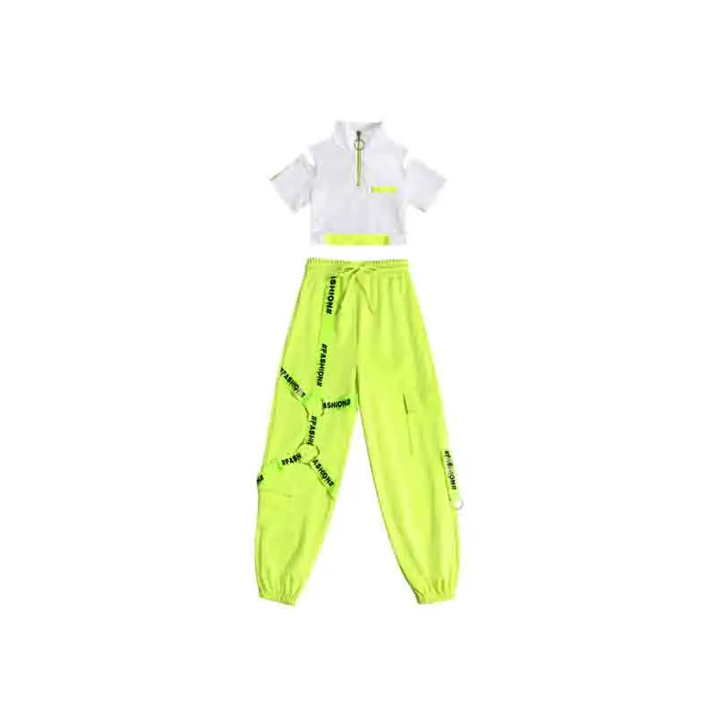 Vêtements Hip Hop pour enfants, haut court, pantalon vert structurels ent pour filles, vêtements de danse de salon, costume de danse jazz, tenue de scène, XS1609