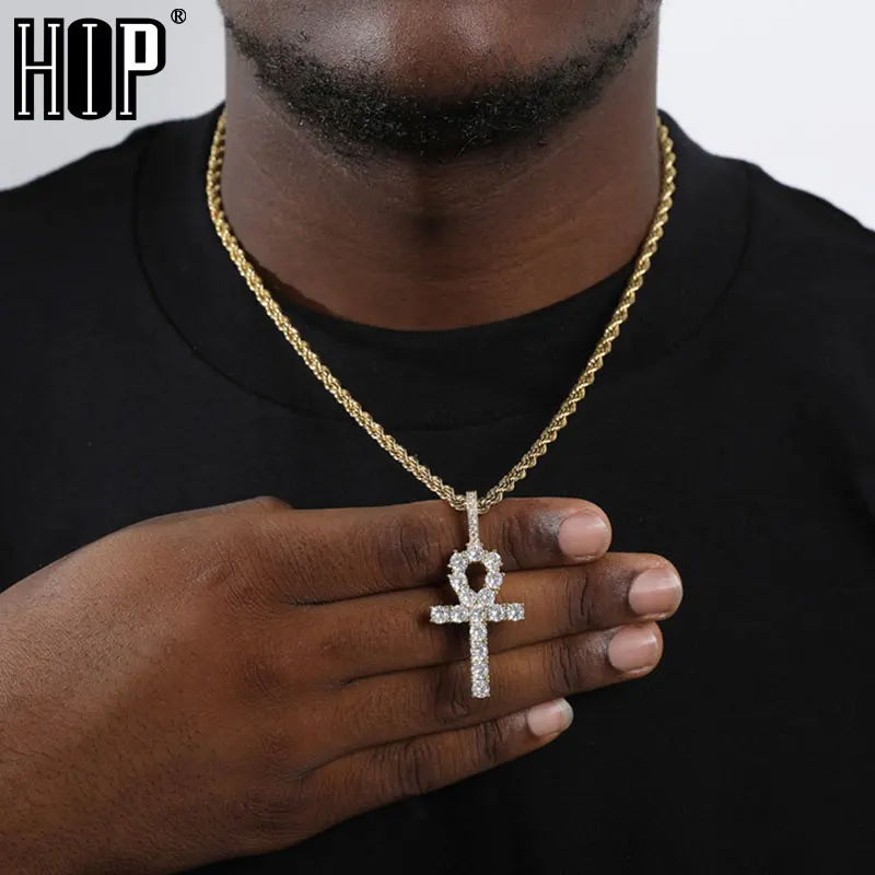 Hip Hop Silver Color Bling CZ Ankh Cross Iced Out Cubic Zirconia Necklaces & Pendants For Men women Charm Jewelry