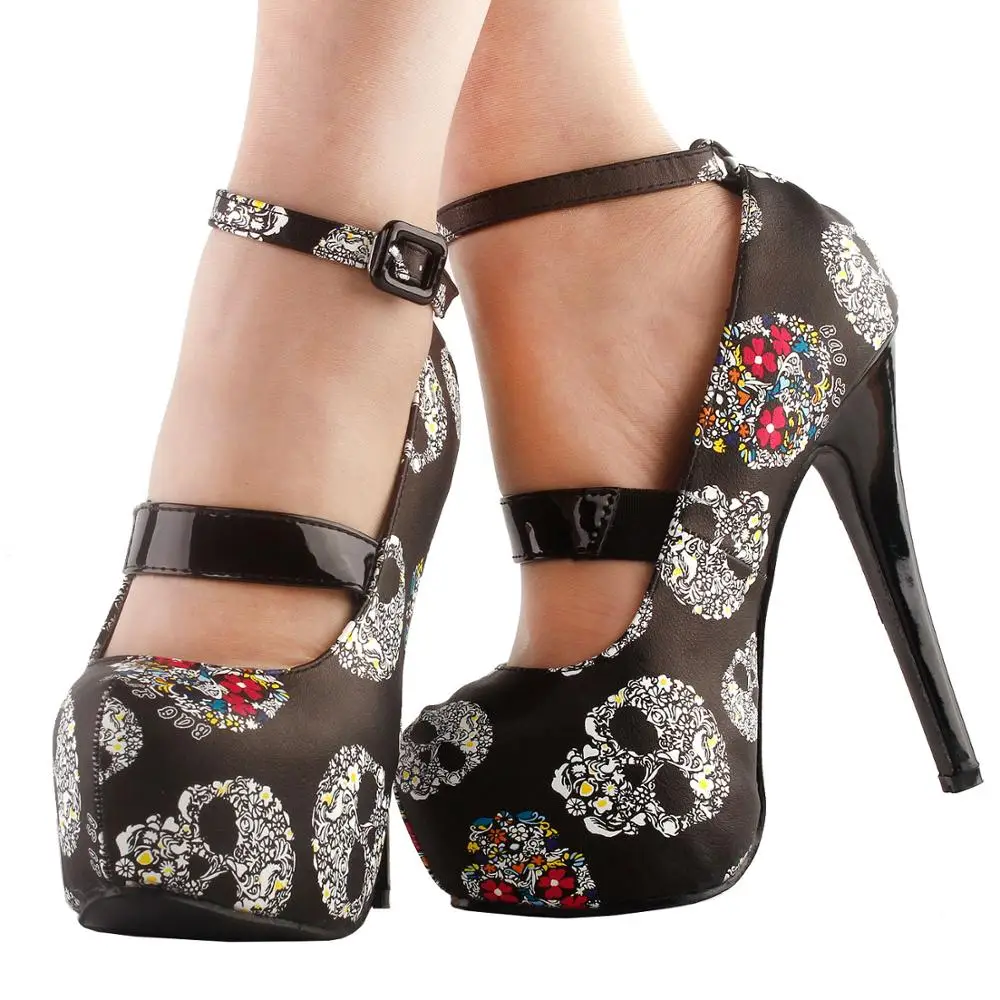 LF80873 Women Sexy Skull Print Ankle Strap Platform Stiletto Heel Dress Pumps