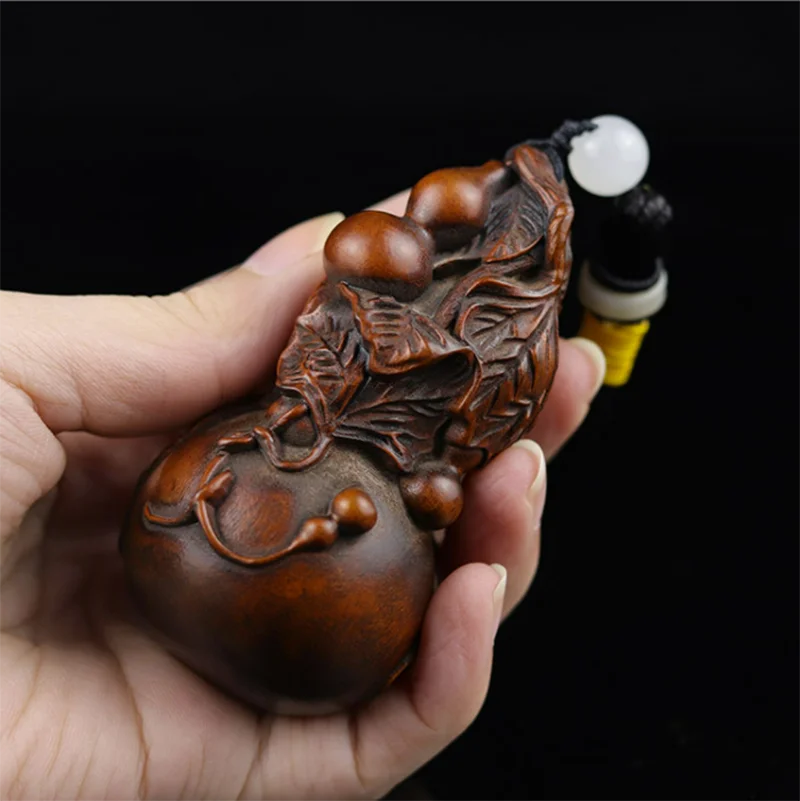 

6X3X3 CM Lucky Gourd Hand Carved Boxwood Figurine Carving Wealthy Netsuke Car Pendant Zodiac Rat Home Decor - #W054