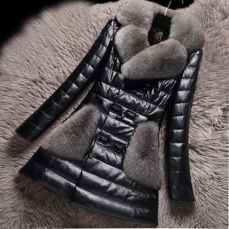 Winter Faux Leather Jacket Women Faux Fox Fur Coat Women Down Cotton Parka Women's Jackets Chaqueta Cuero Mujer KJ746