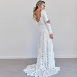 Vestido de novia de encaje Vintage personalizado, vestido de novia bohemio sencillo de manga larga con espalda baja, vestido de novia, bata de mariee mariage