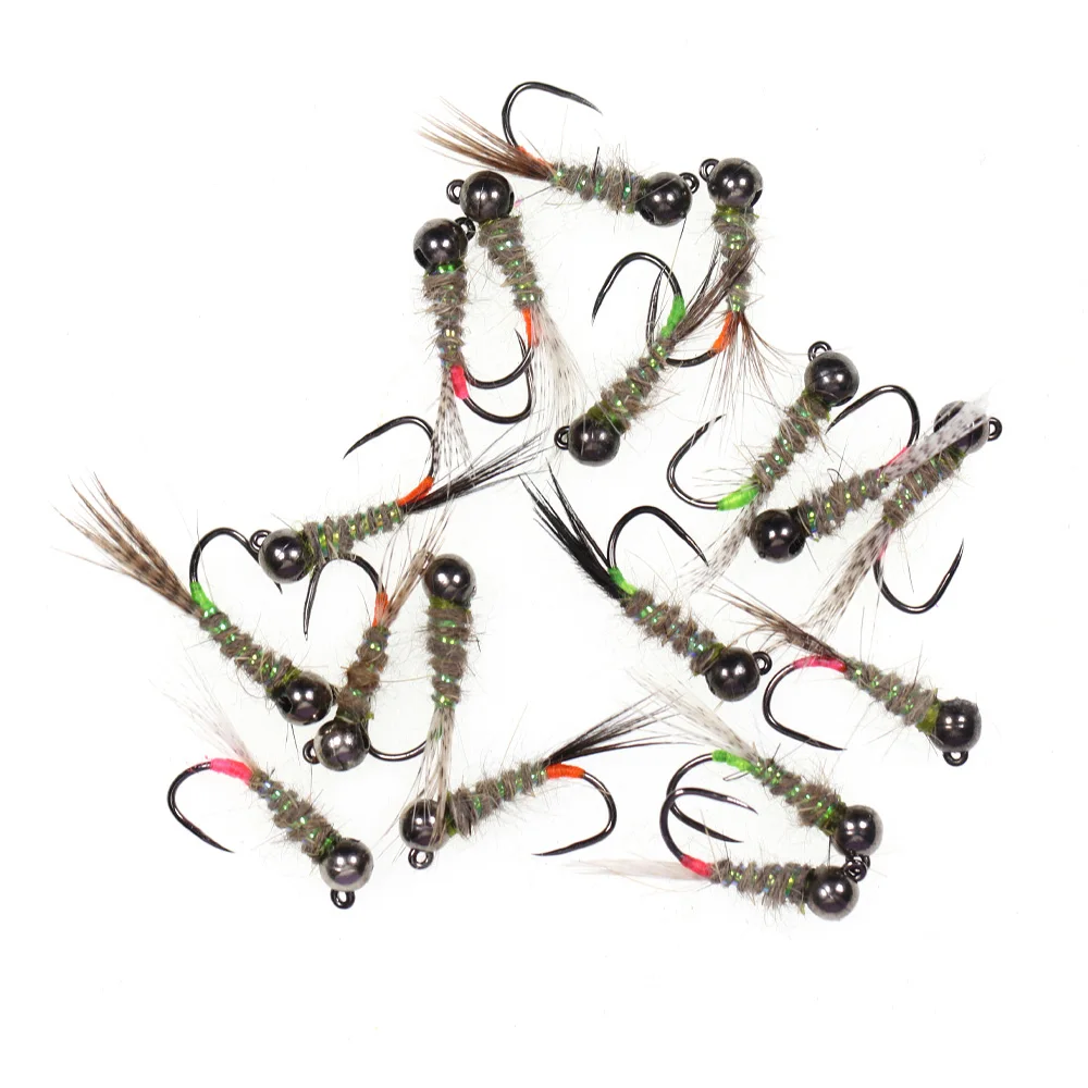 Icians 9PCS #12 #14 #16 testa di perline di tungsteno Perdigon Jig ninfe Fly bar(hook lavello rapido Fly Trout esche da pesca in acqua dolce