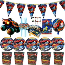 Blaze and the Monster Machines Design Decorate Cup Plate Kids Favors Baby Shower Dishes Glass Flags Birthday Party Tableware Set