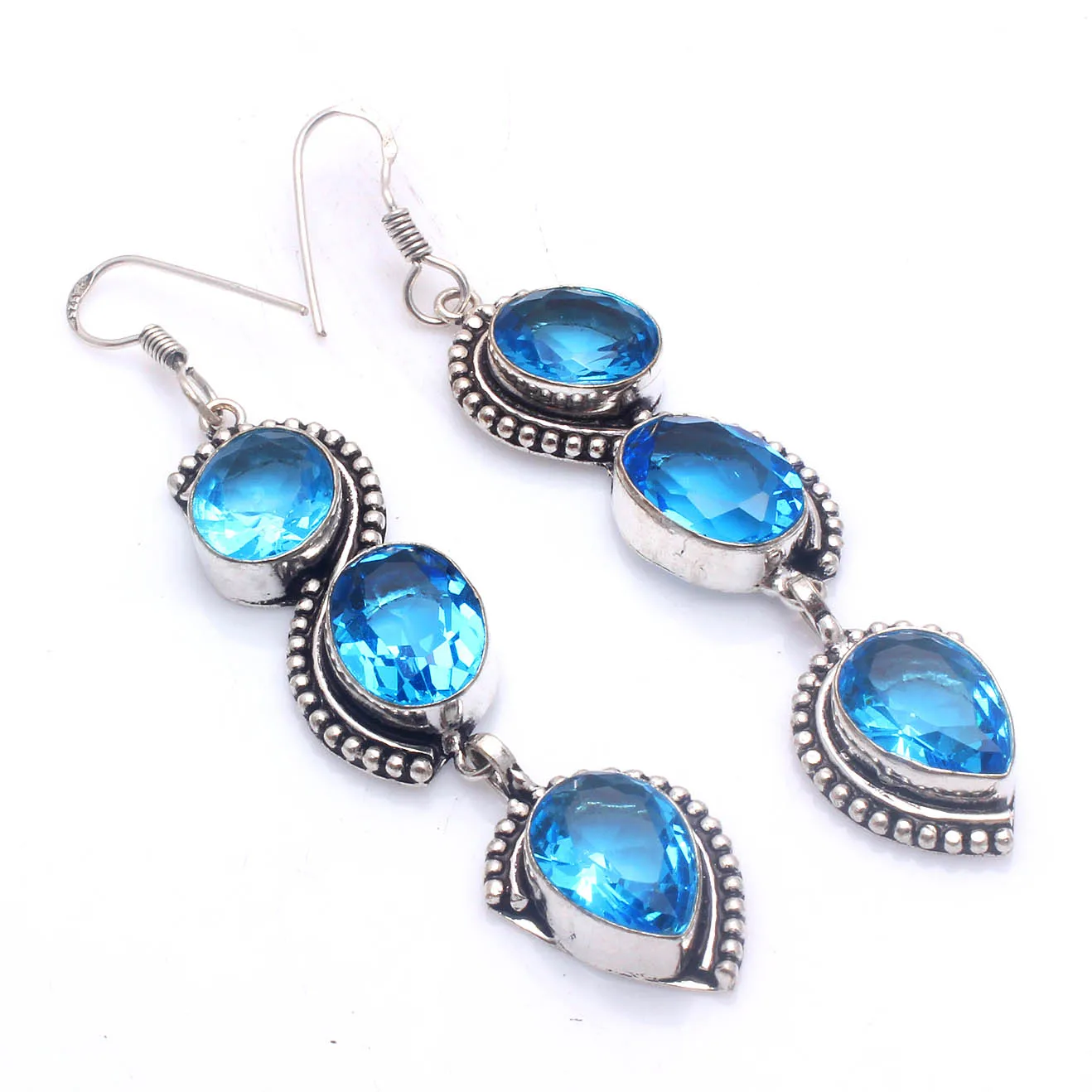 Genuine Blue Topaz   Silver Overlay on Copper Earrings ,Hand made Women Jewelry Gift , 80  mm,  E5798