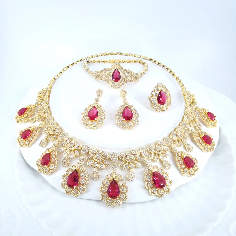 2024 new fashion retro red CZzircon Golden necklace earring bracelet ring wedding bridal banquet dinner dressing jewelry set