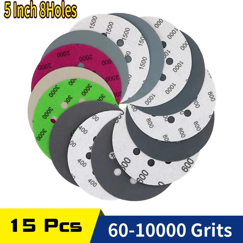 5 Inch 8 Hole Sanding Discs Hook & Loop Wet Dry Sandpaper 125MM Silicon Carbide for Random Orbital Sander Polishing Finishing