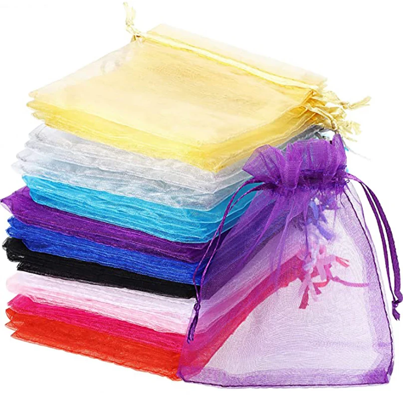 50 sztuk/partia 7x9cm 9x12cm sznurek Organza torby torby do pakowania biżuterii cukierki ślub urodziny torby prezenty woreczki słodycze woreczki