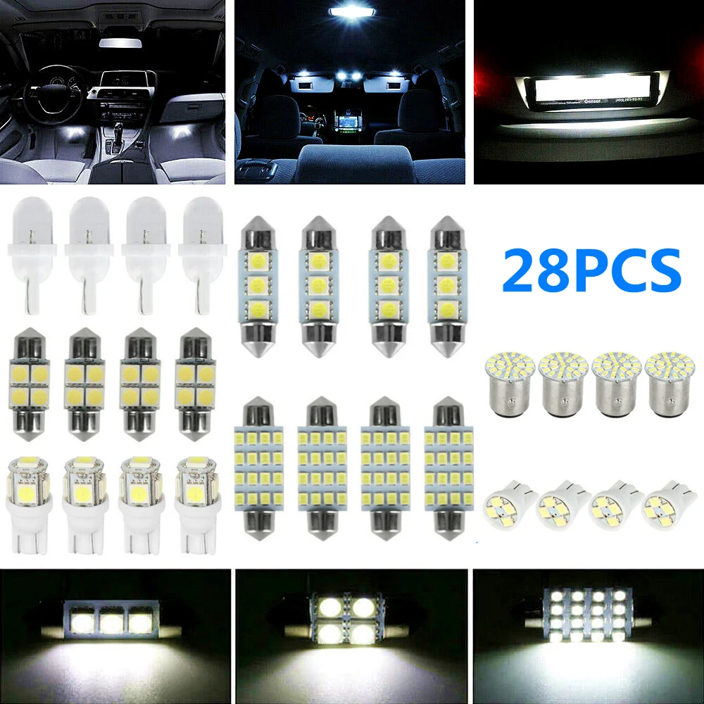 28Pcs Car Interior White LED Light Mini Bulbs Kit 6000K Canbus Auto Dome Reading Footwell License Plate Lamp Accessories