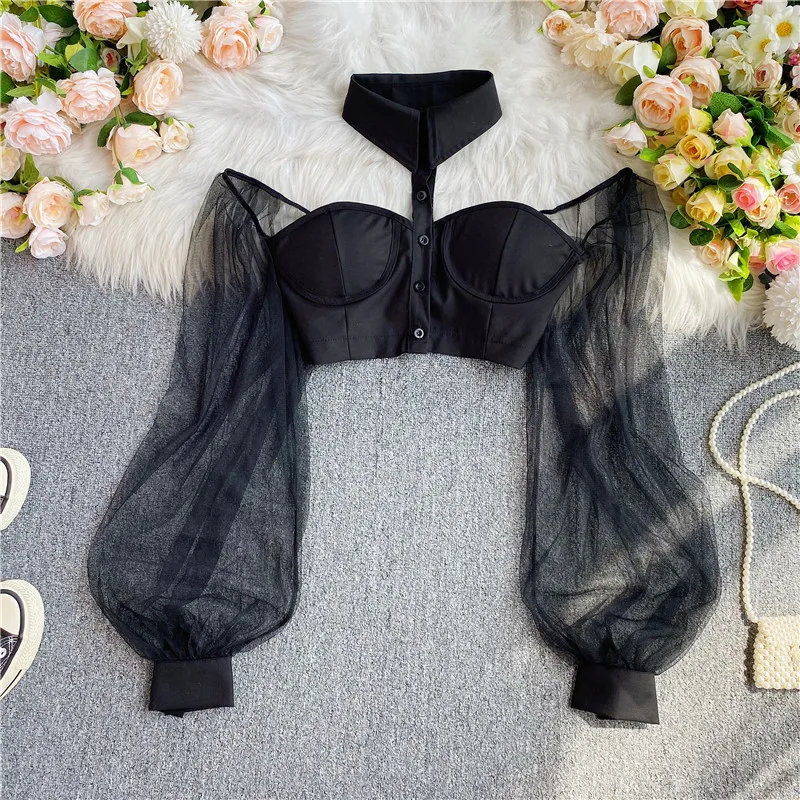 2022 Spring High street halter neck strapless puff sleeve shirt women\'s New design sense short navel all-match shirt women