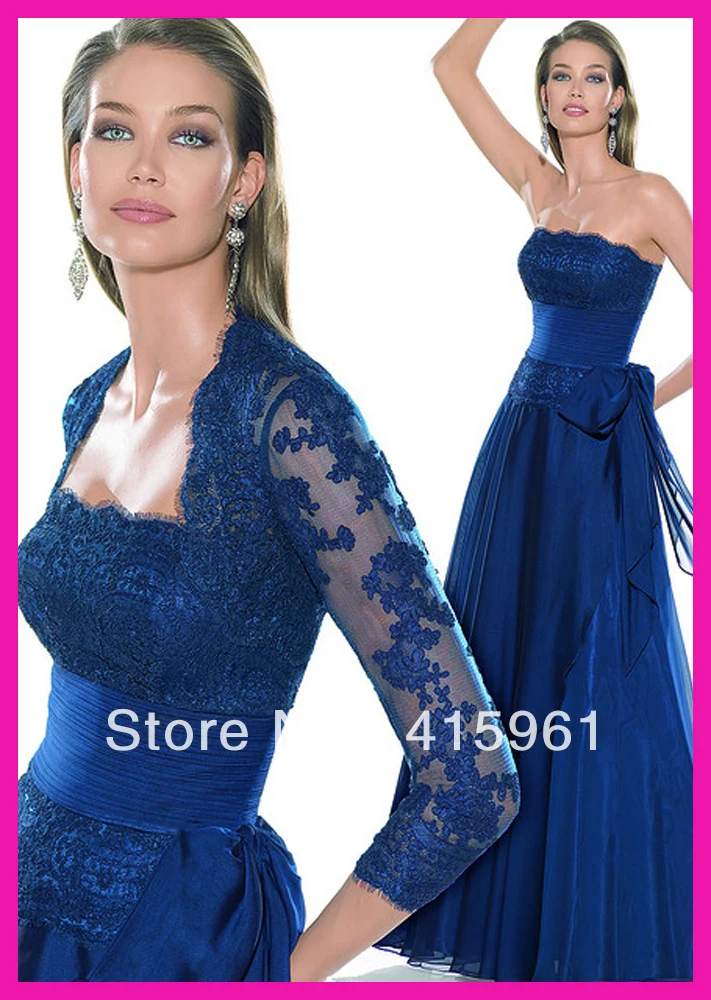 Robe de madrinha farsali bleu Royal dentelle longueur de plancher mousseline de soie mère de la mariée robes avec veste 2019 pour les mariages