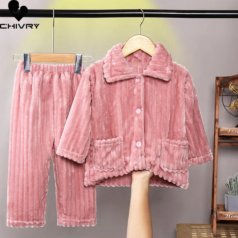 

New 2021 Kids Boys Girls Autumn Winter Thick Keep Warm Flannel Pajama Sets Cartoon Lapel Tops with Pants Sleeping Clothing Sets