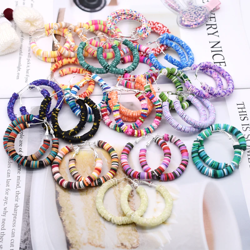 Bohemian Polymer Clay Circled Earrings Multicolor Hoop Earrings for Women Female Girls Jewelry Polymer Clay Spacer Beads Earring