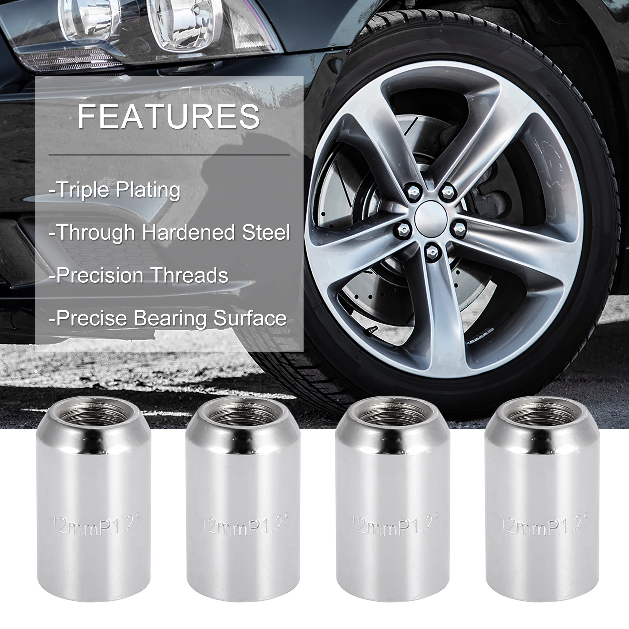 X Autohaux 20pcs Car M12x1.25 M12x1.5 Bulge Acorn Wheel Lug Nuts Cone Screw Racing For Seat with 1 Key Silver Tone