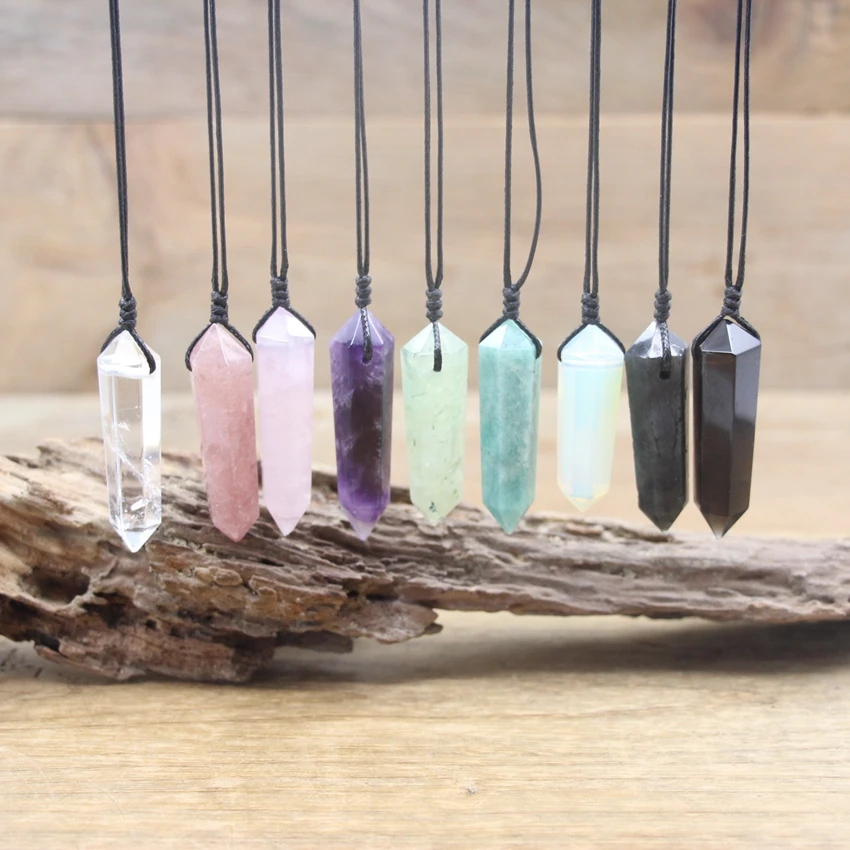 Reiki Chakra Crystal Double Point Pendants Hide Rope Necklaces,Healing Quartz Amethysts Obsidian Bullet Pendulum Jewelry,QC3064