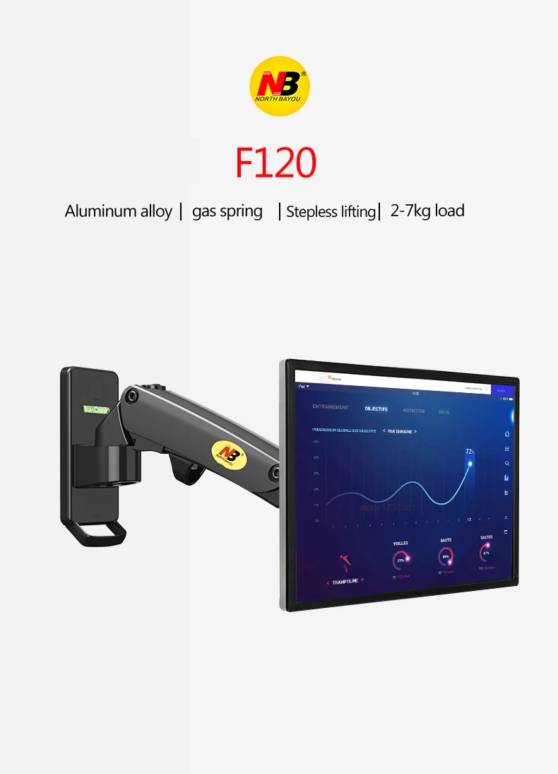 NB F120 17-27' Gas Spring Full Motion TV Wall Mount Bracket LCD Monitor Stand Aluminum Arm Bracket Silver 360 Rotate