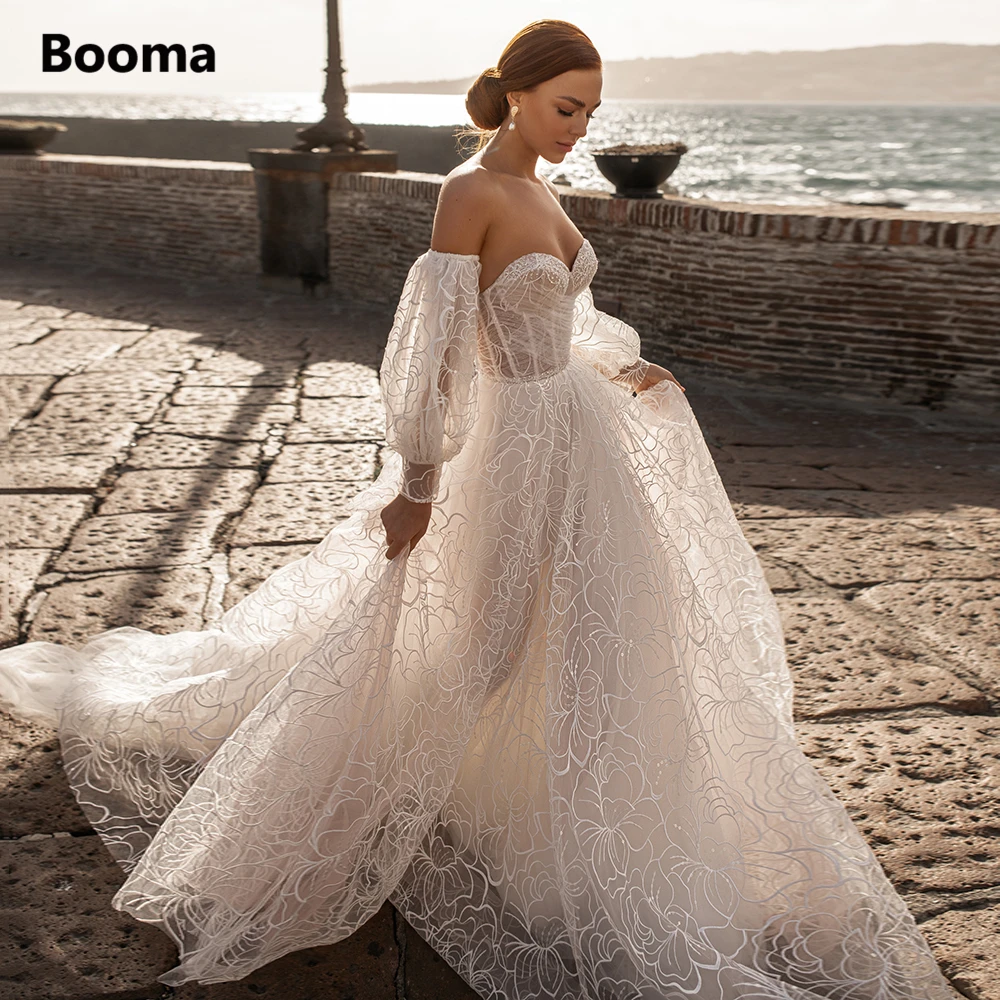 Booma-Robes de mariée A-ligne Boho, robes de mariée de plage en dentelle, poignées amovibles, manches bouffantes, nœud long, quoi que ce soit