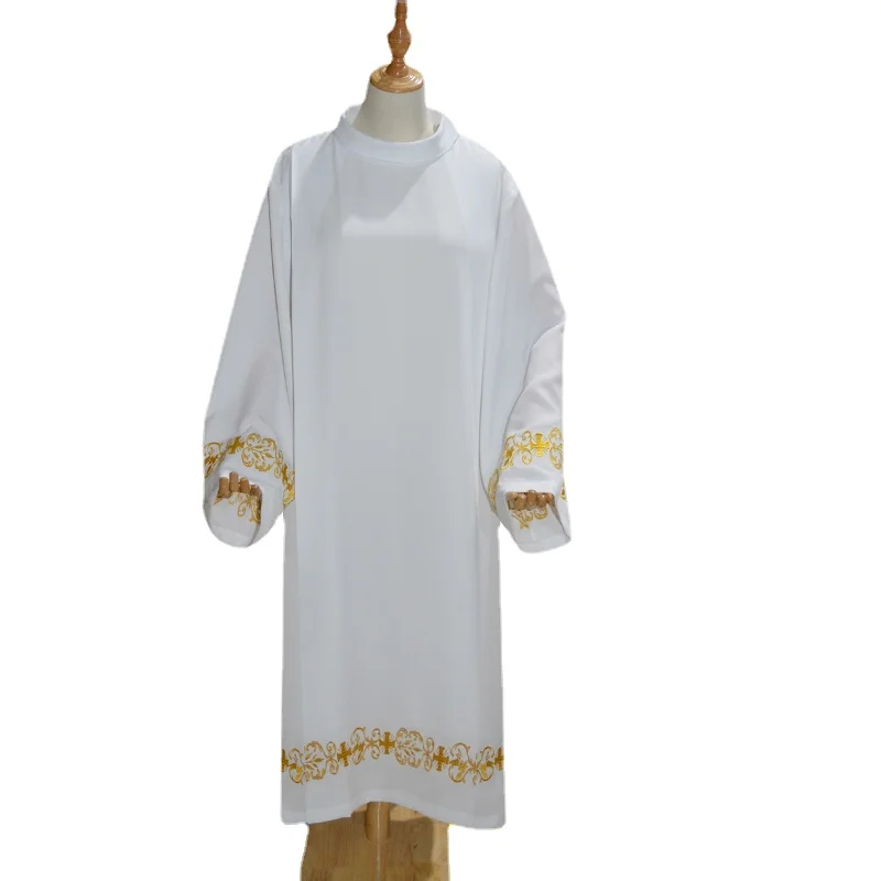 

New Clergy Alb Catholic Priest Costume Embroidery Worship Vestment Robe Mass Supplies Church Relic Clothing White Clergy Robes