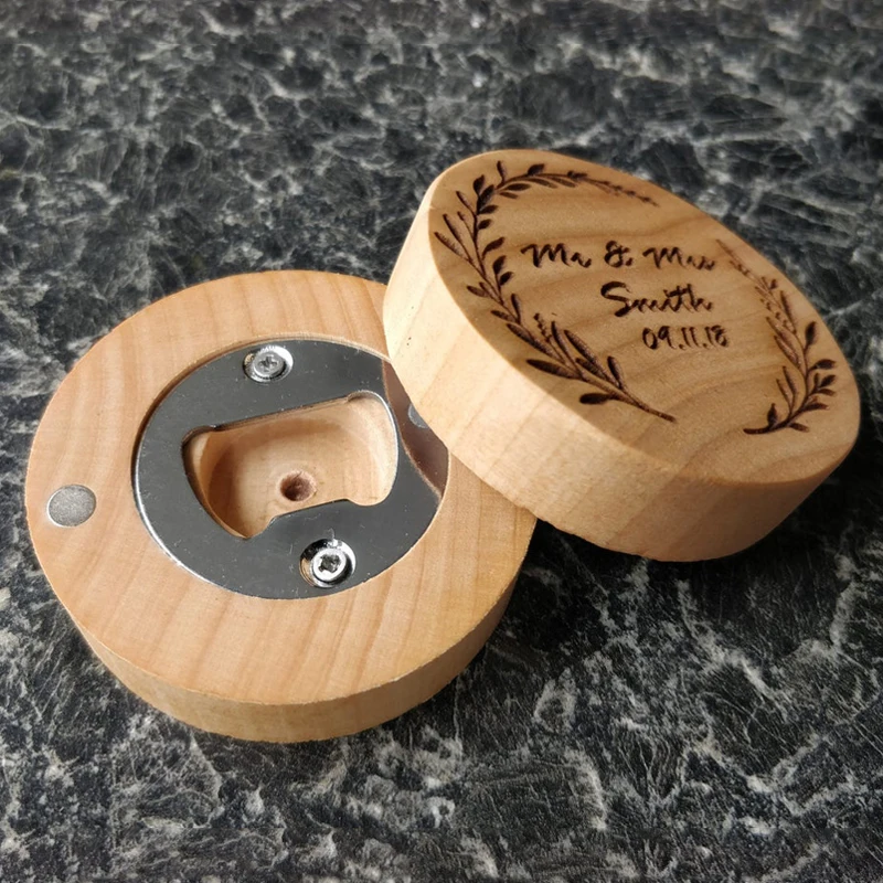 

Wooden Round Shape Bottle Opener Coaster Fridge Magnet Decoration Beer Bottle Opener Custom logo wedding favors