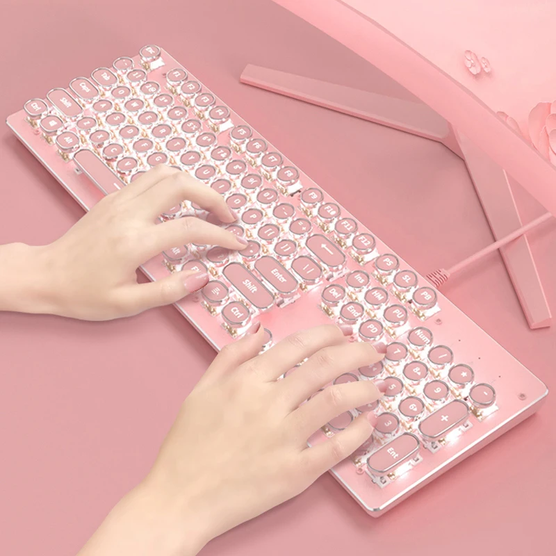 

Mechanical Keyboard New Girly Pink Retro Punk English Layout 104-Keys Backlit Anti-Ghosting Gaming Keyboard Blue/Black Switch