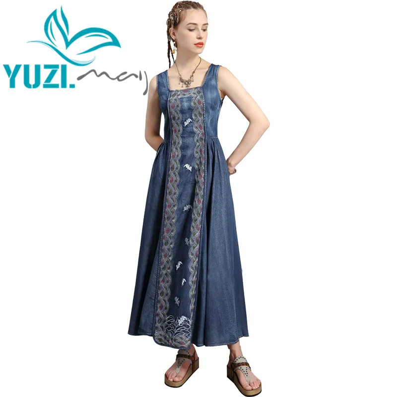 Summer Dress 2020 Yuzi.may Boho New Denim Women Dresses Sleeveless Vintage Embroidery Swing Hem Sundress A82229 Vestidos Female