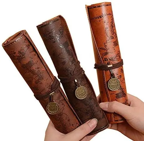 Retro Roll Up Leather Pencil Holder Case Pirate Treasure Map Pattern Pencil Bag Cosmetic Makeup Pouch with Brass Buckle Secured