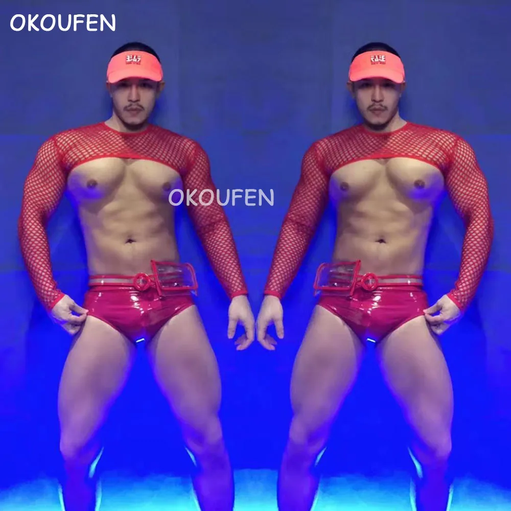 

Рождественская и Новогодняя одежда из сетчатой пряжи с красной тематикой, одежда для вечевечерние, ночных клубов, баров, Мужская сексуальная одежда для dj-представлений