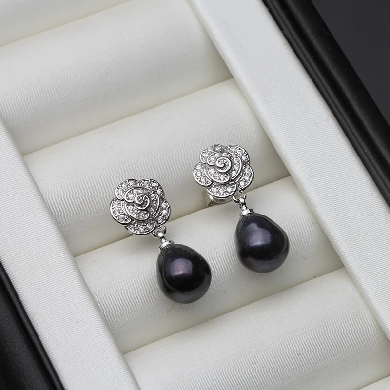 

Real Black Natural Pearl Earrings Woman,925 Streling Sliver Freshwater Pearl Drop Earrings Korea Wife Mother Birthday Gift White