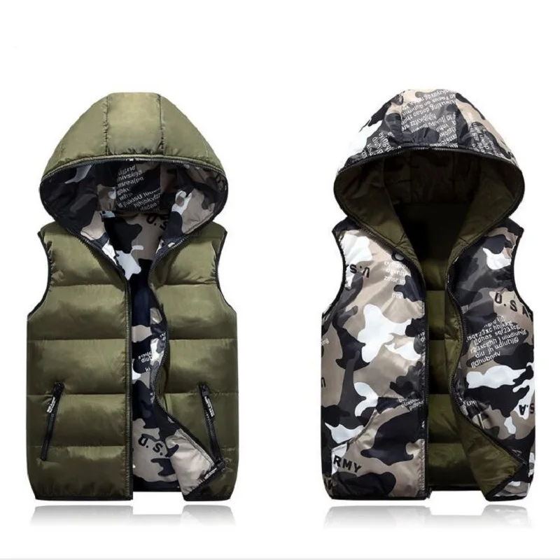 Parent-Child Outfits Warm Camo Reversible Vest Girls Boys Cotton Full Zip Waistcoat School Kids Outerwear Child Jacket 100-185cm