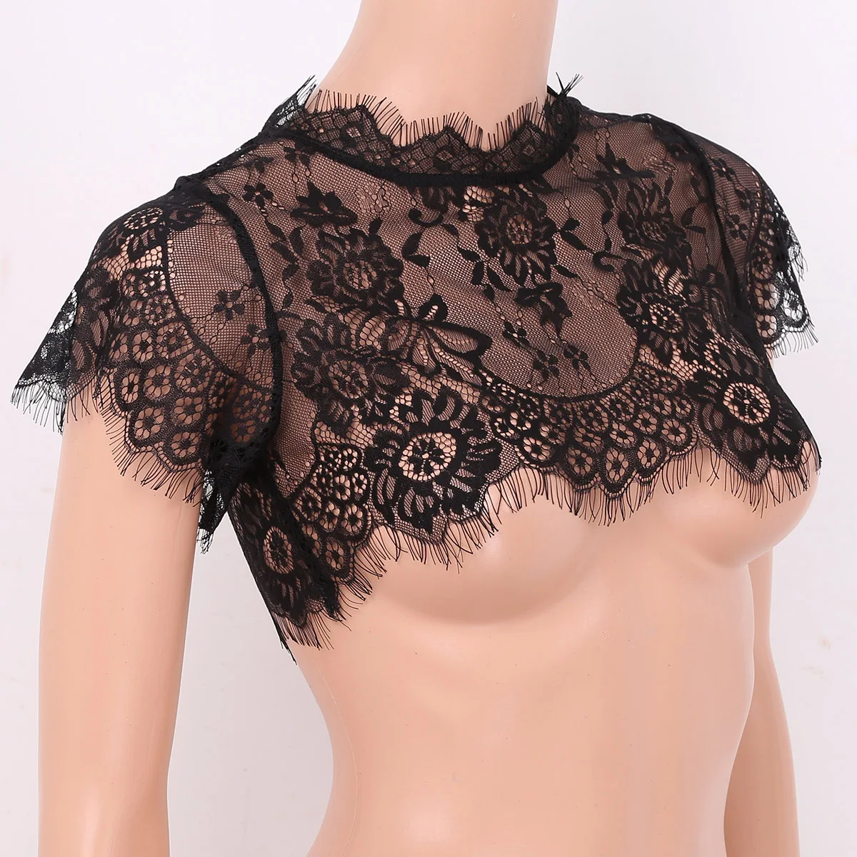 Womens See Through Sheer Lace Half Shirt Fake Collar Elegant Round Neck Short Sleeve/Sleeveless Scallop Eyelash Trimmed Collar