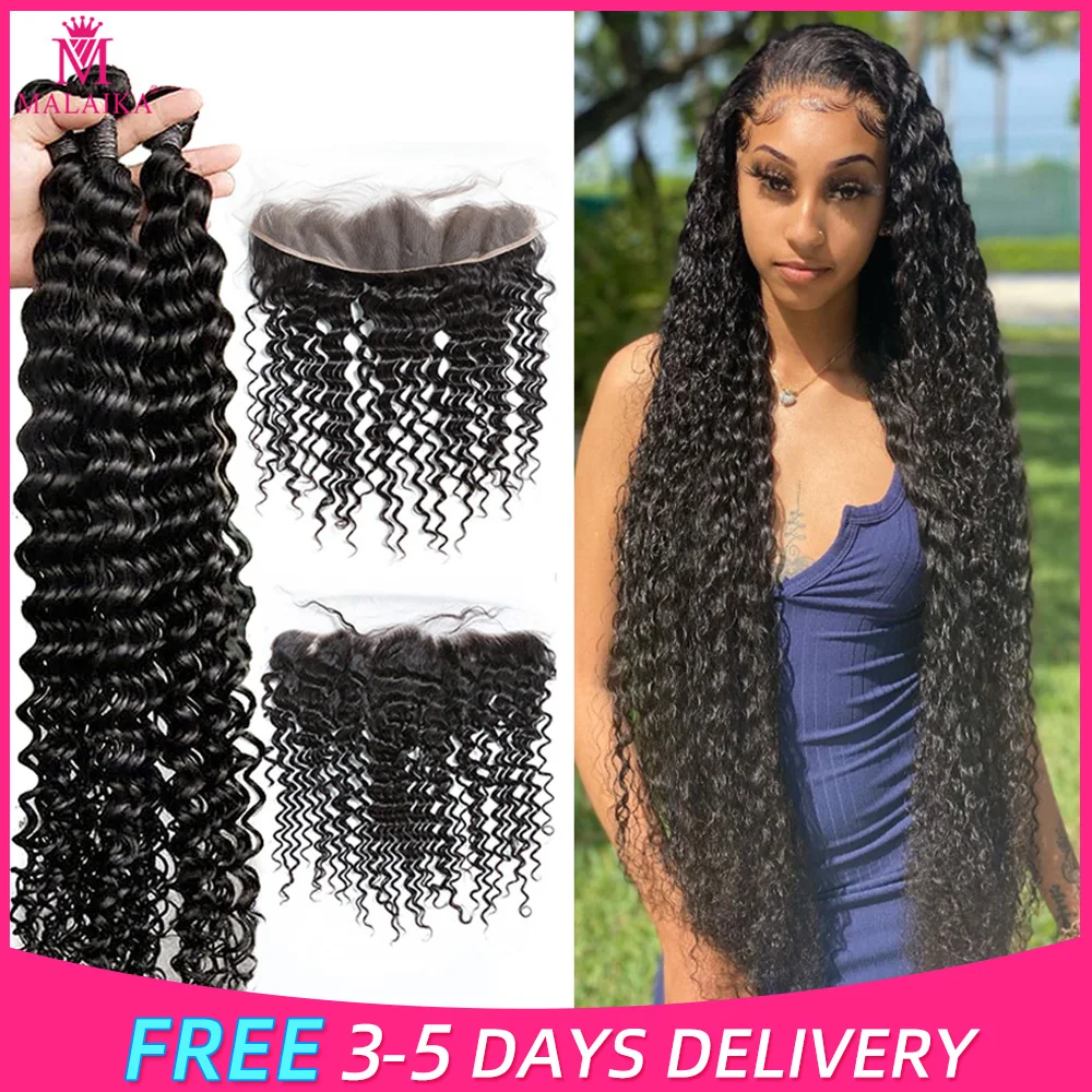 

MalaikaHair 30 32 34 36 38 40 Inch Bundles Deep Curly With Frontal Brazilian Hair Deep Wave Bundles With Closure 100% Remy Hair