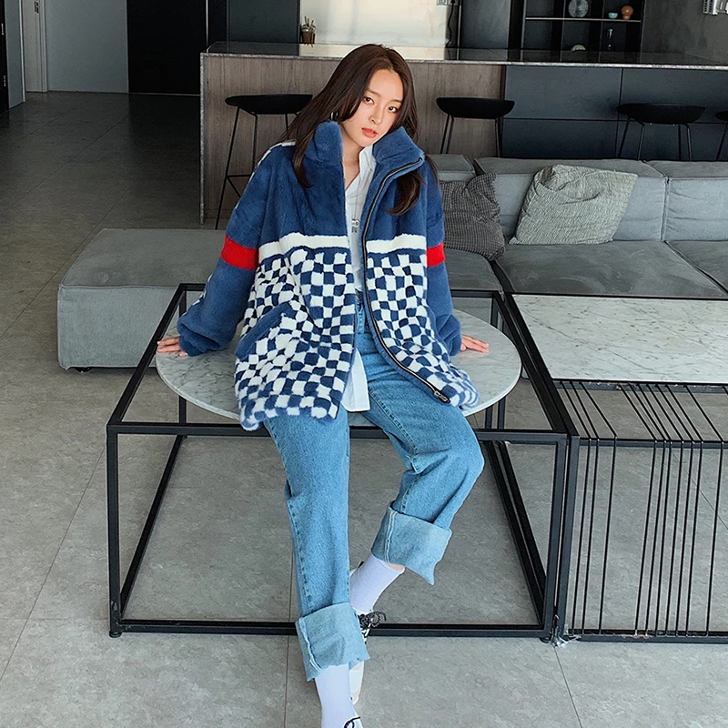 Ftangaiur 겨울 수입 벨벳 밍크 퍼 코트 만다린 칼라 체크 무늬 컬러풀 밍크 코트 여성용 중간 길이 리얼 밍크 퍼 코트