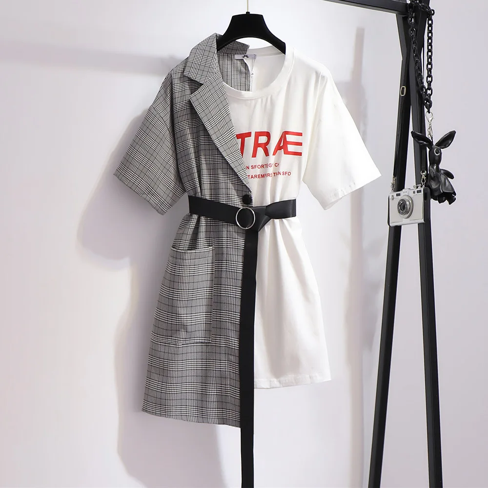 Minivestido de talla grande para mujer, vestido holgado de manga corta, informal, a cuadros, dos piezas, 3XL, 4XL, 5XL, 6XL, 7XL, novedad de verano