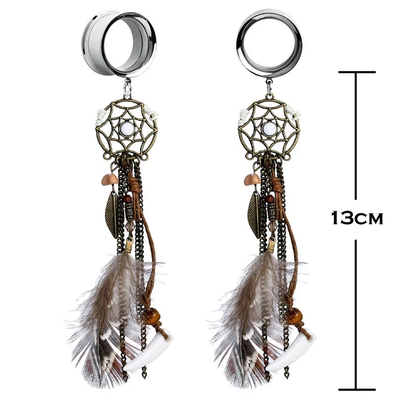 2pieces Dreamcatcher Dangle Ear Gauges Ear Flesh Tunnel Plugs Bohemian Feather Tassel Ear Reamer Piercing Expander Body Jewelry