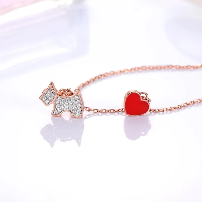 925 Sterling Silver Puppy & Red Heart Pendant Necklace Birthday Party Gift Jewelry Chain 45-64 Cm