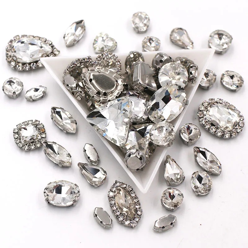 50pcs/Bag White Mixed Shape Sew on Glass Rhinestone Silver Claw and Crystal Buckle Diy Wedding Decoration Clothes/Shoe/Dress