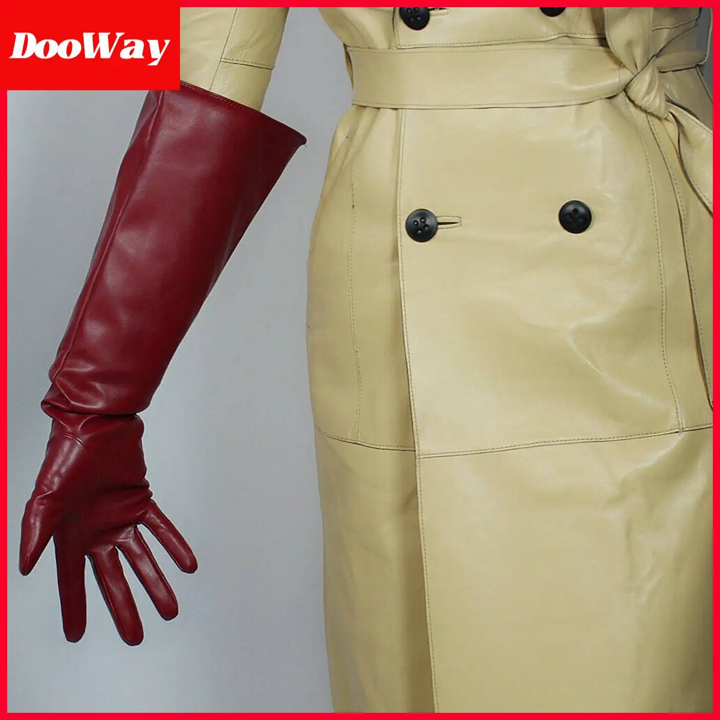 DooWay Unisex Burgundy Oversize GLOVES Long Latex Faux Leather PU Dark Red Wine Halloween Costume Cosplay Evening Opera Gloves