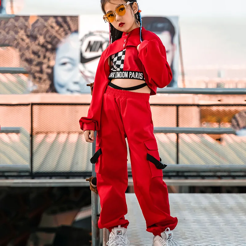 Girls Jazz Dance Clothes Children Hip Hop Red Suit Modern Street Dance Show Performance Clothing
