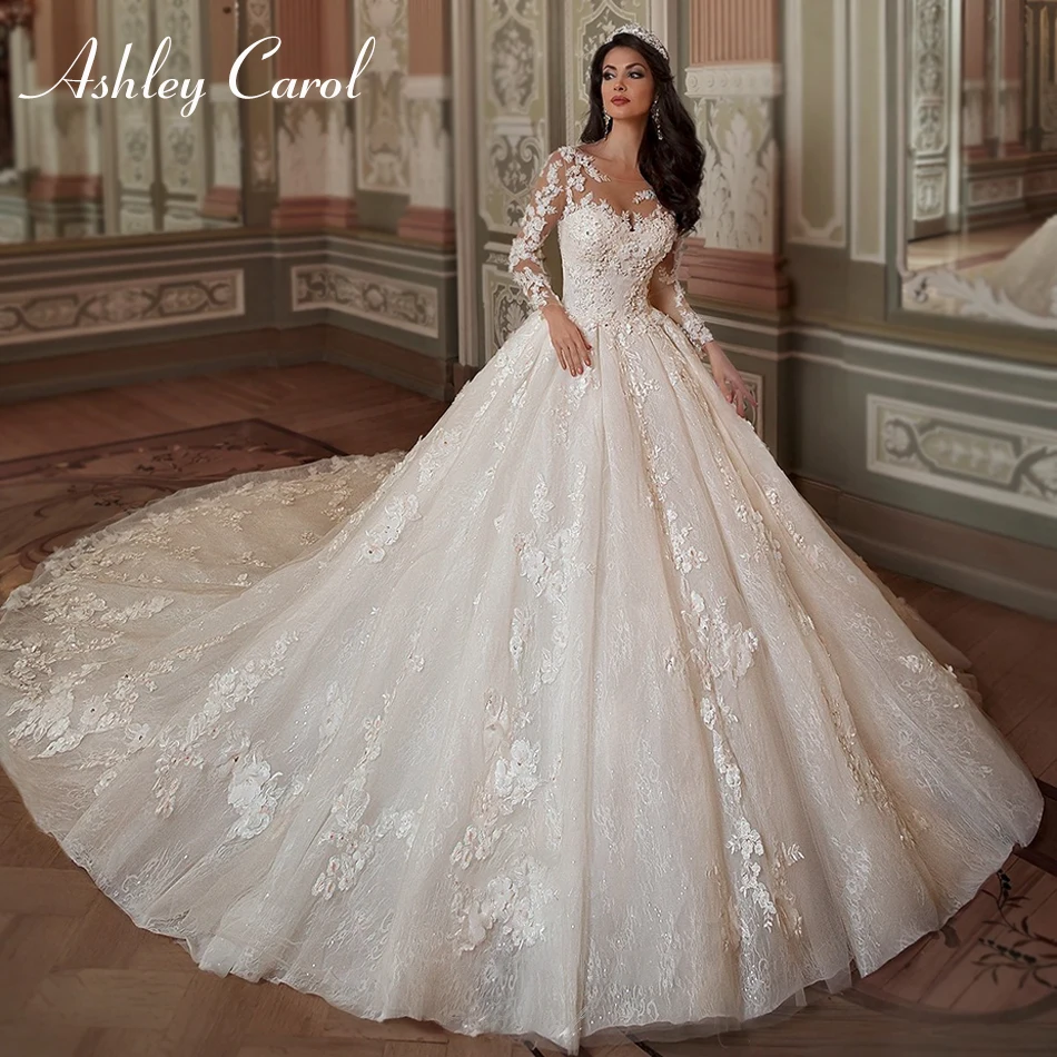 Ashley Carol Luxury Ball Gown Wedding Dresses For Women 2023 Long Sleeve Lace Up Appliques Wedding Gown Vestidos De Novia