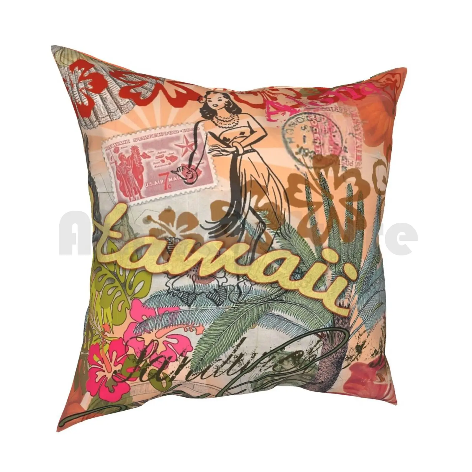 Vintage Hawaii Travel Colorful Hawaiian Tropical Collage Pillow Case Printed Home Soft Throw Pillow Doodlefly Travel